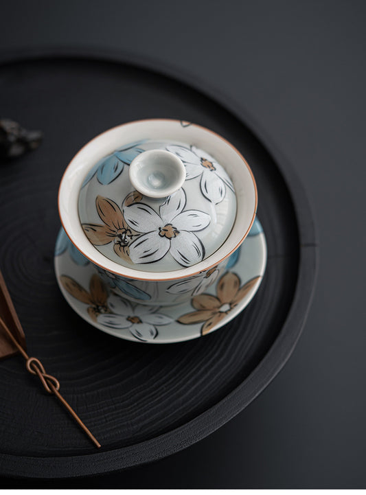 Ceramic covered bowl with ice gray and floral patterns, round melting tea bowl, household Kung Fu tea set, respectful tea bowl, single bowl
