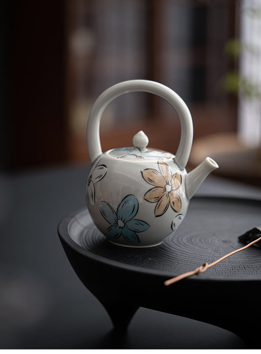 Ceramic round moon handle teapot, ice gray underglaze colorful flower tea pot, household tea set teapot