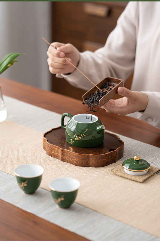 Emerald ceramic tea set, simple filter tea pot, underglaze gold hot pot, one pot, two cups gift box set