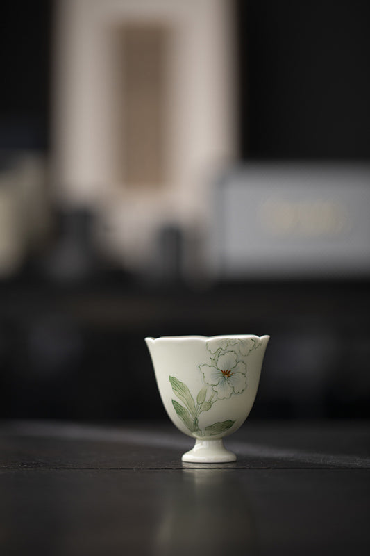 Handmade ceramic flower mouth tea cup, hand-painted tulip tea cup, vintage high footed cup