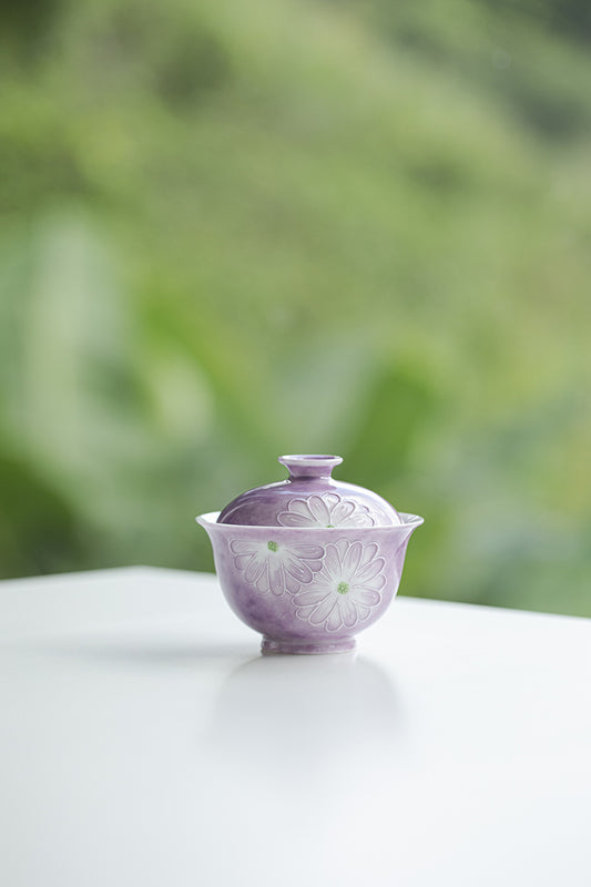 Cardamom purple handmade ceramic thin underglaze color, handmade daisies, tea bowls, tea cups, household use