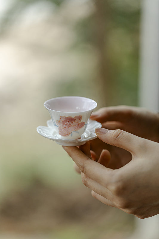 Hand drawn peony tea cup with coaster, handmade ceramic petals, Kung Fu tea set, high-end tea art tea cup for home use