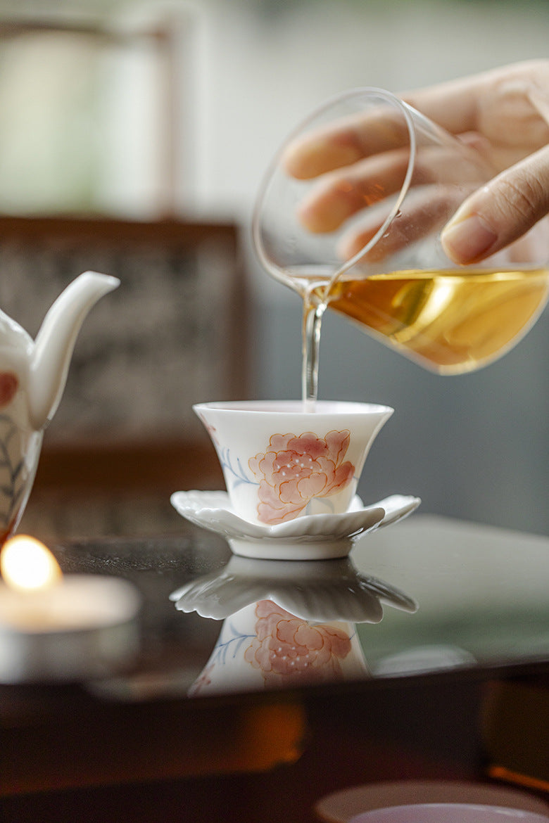 Hand drawn peony tea cup with coaster, handmade ceramic petals, Kung Fu tea set, high-end tea art tea cup for home use