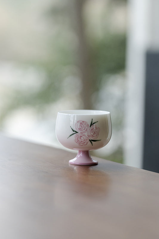Hand drawn rose, high footed tea cup, handmade ceramic host cup, Kung Fu tea cup, tea cup for home use