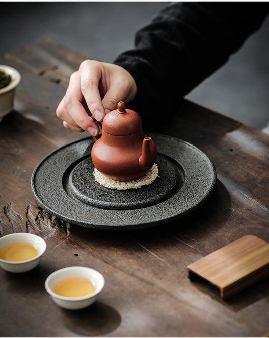 Circular dry foam tray, retro black gold stone tea tray, household stone teapot, tea table, tea tray