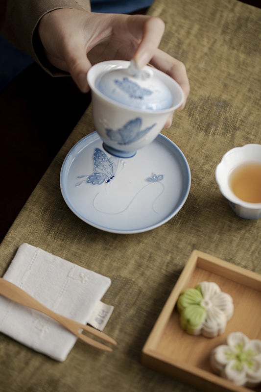 Creative gradient hand-painted butterfly pot, handmade white porcelain plate, home tea table, tea tray, tea ceremony accessories