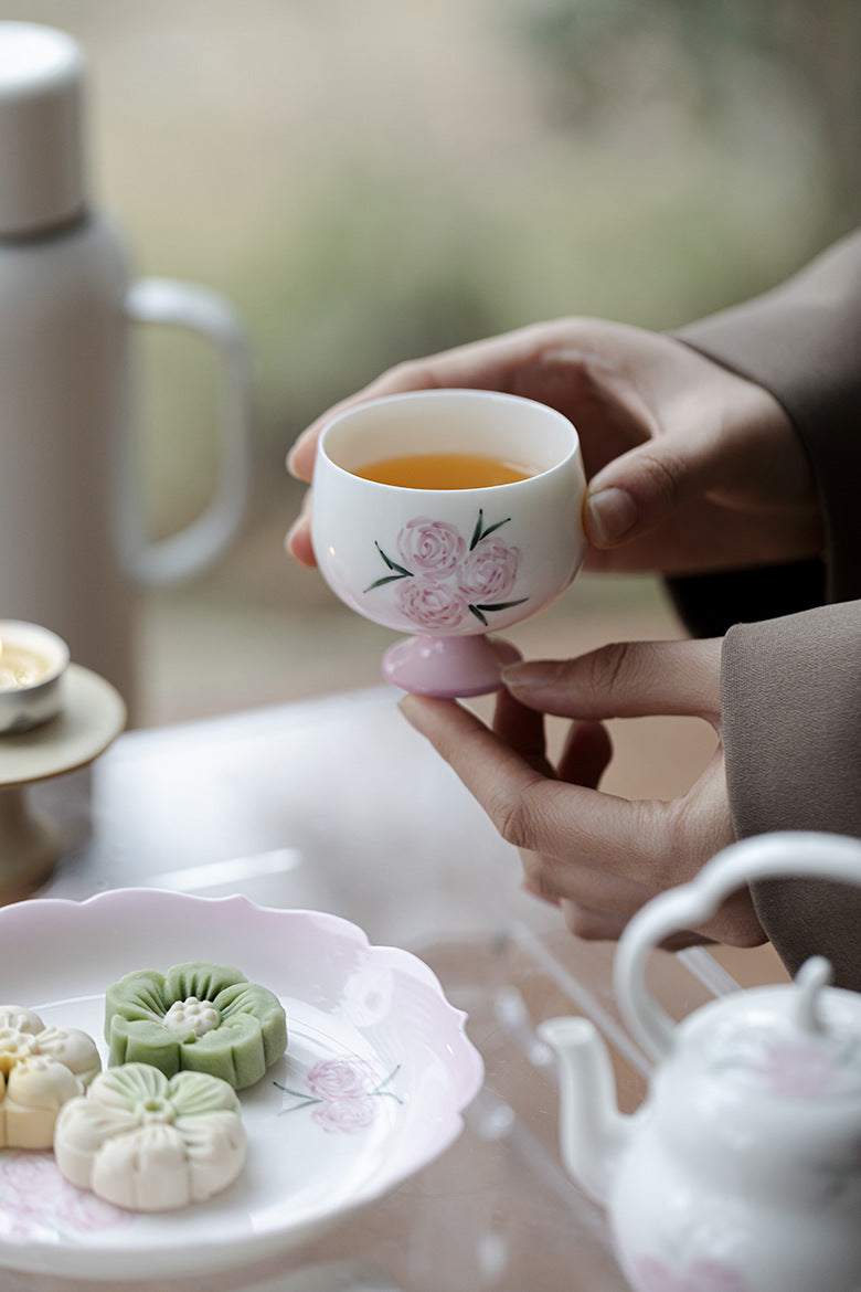 Hand drawn rose, high footed tea cup, handmade ceramic host cup, Kung Fu tea cup, tea cup for home use