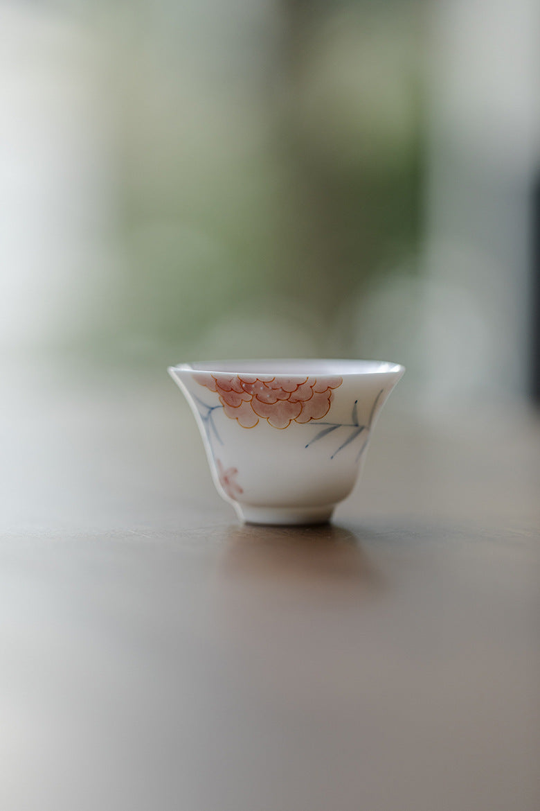Hand drawn peony tea cup with coaster, handmade ceramic petals, Kung Fu tea set, high-end tea art tea cup for home use