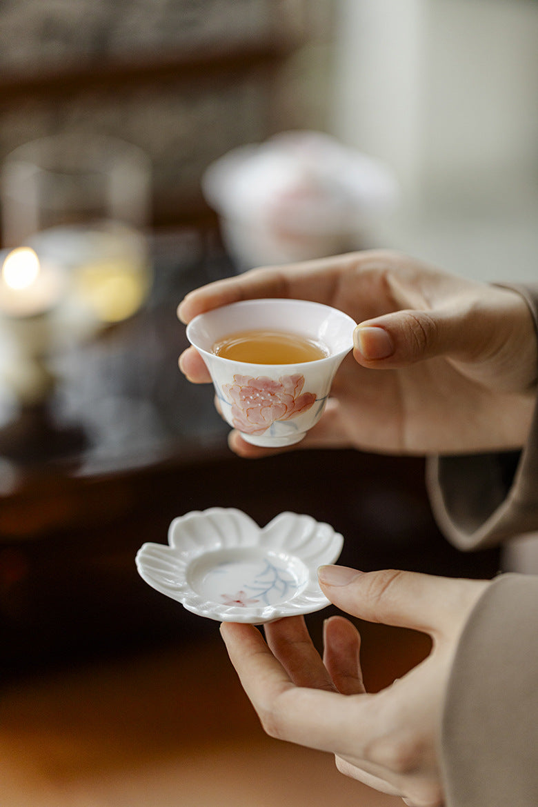 Hand drawn peony tea cup with coaster, handmade ceramic petals, Kung Fu tea set, high-end tea art tea cup for home use