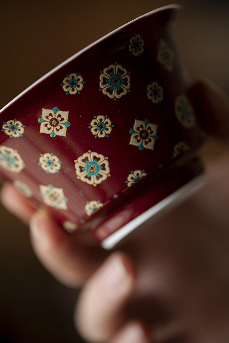 Red pipa pattern covered bowl, pure handmade ceramic tea cup, retro kung fu tea set, not hot to the touch