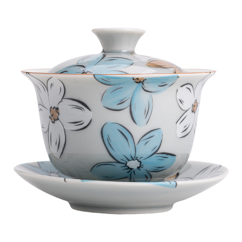 Ceramic covered bowl with ice gray and floral patterns, round melting tea bowl, household Kung Fu tea set, respectful tea bowl, single bowl