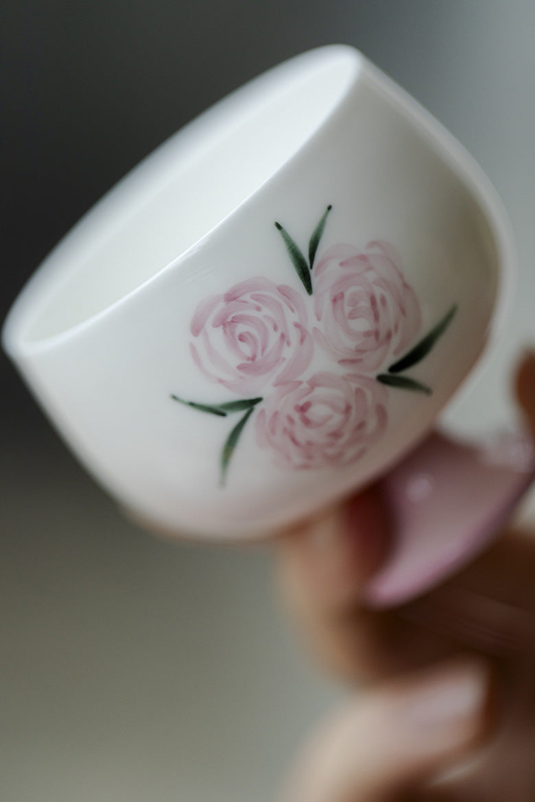 Hand drawn rose, high footed tea cup, handmade ceramic host cup, Kung Fu tea cup, tea cup for home use