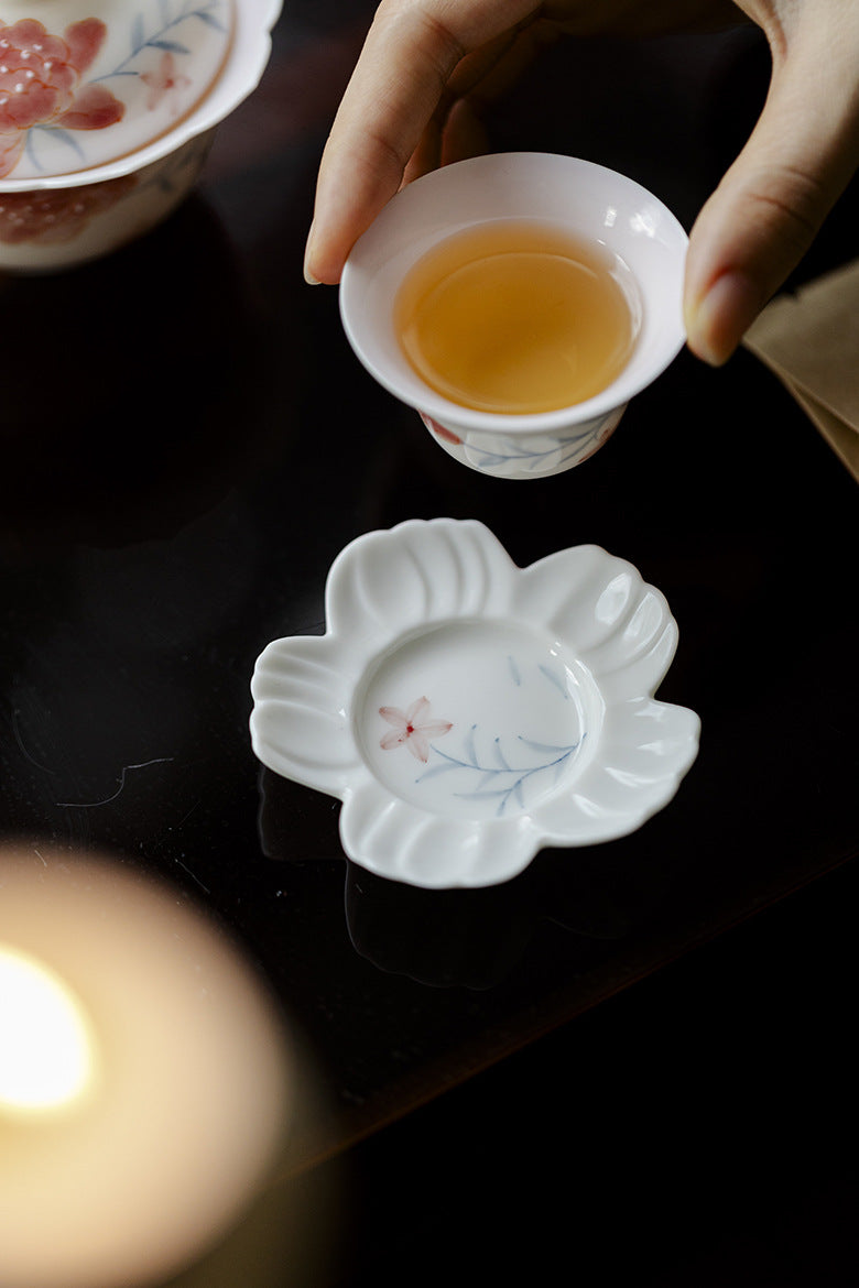 Hand drawn peony tea cup with coaster, handmade ceramic petals, Kung Fu tea set, high-end tea art tea cup for home use