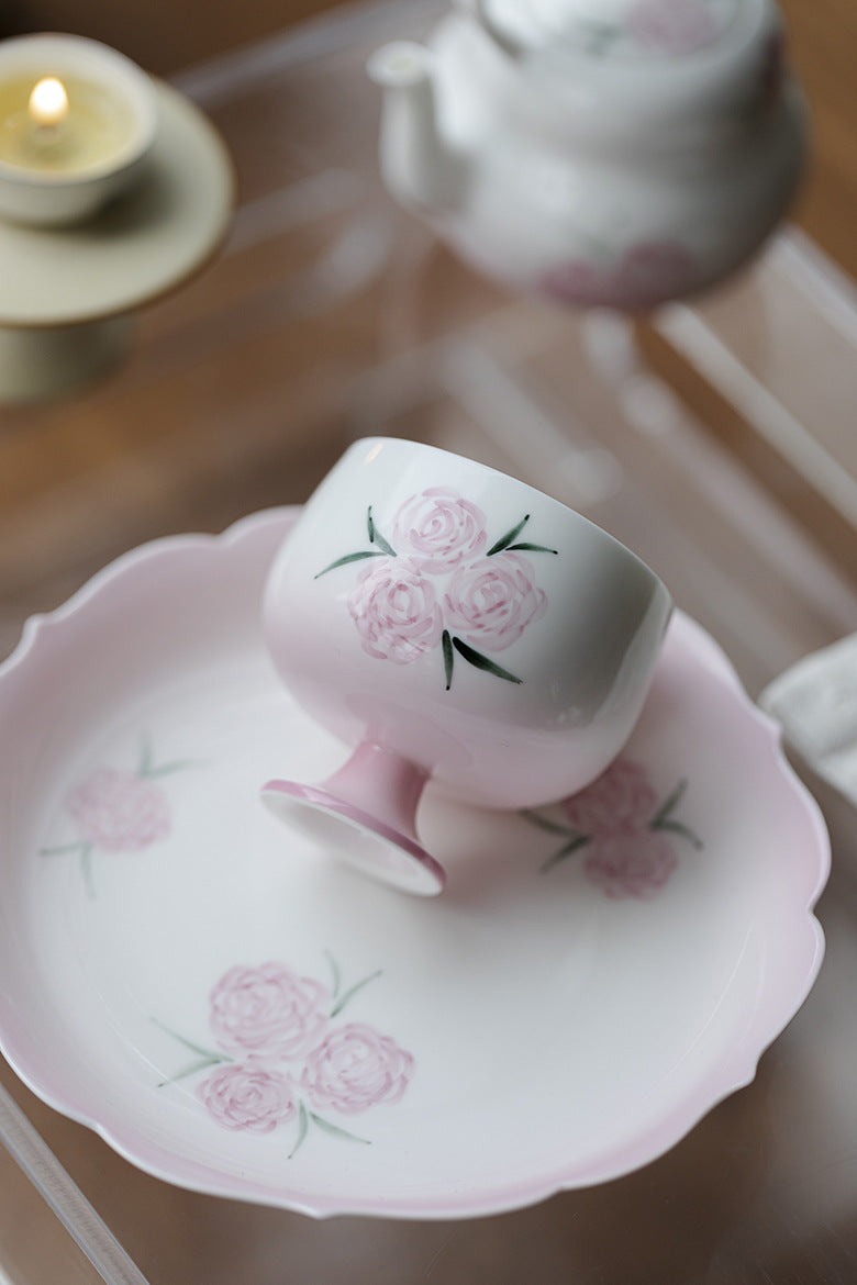 Hand drawn rose, high footed tea cup, handmade ceramic host cup, Kung Fu tea cup, tea cup for home use