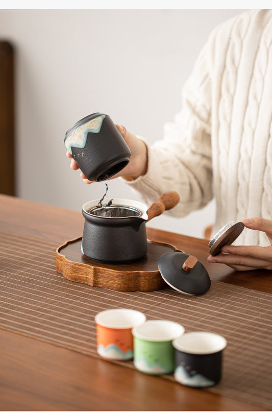 Wind hand-painted tea set, simple household side handle pot, tea cup set, Kung Fu tea set